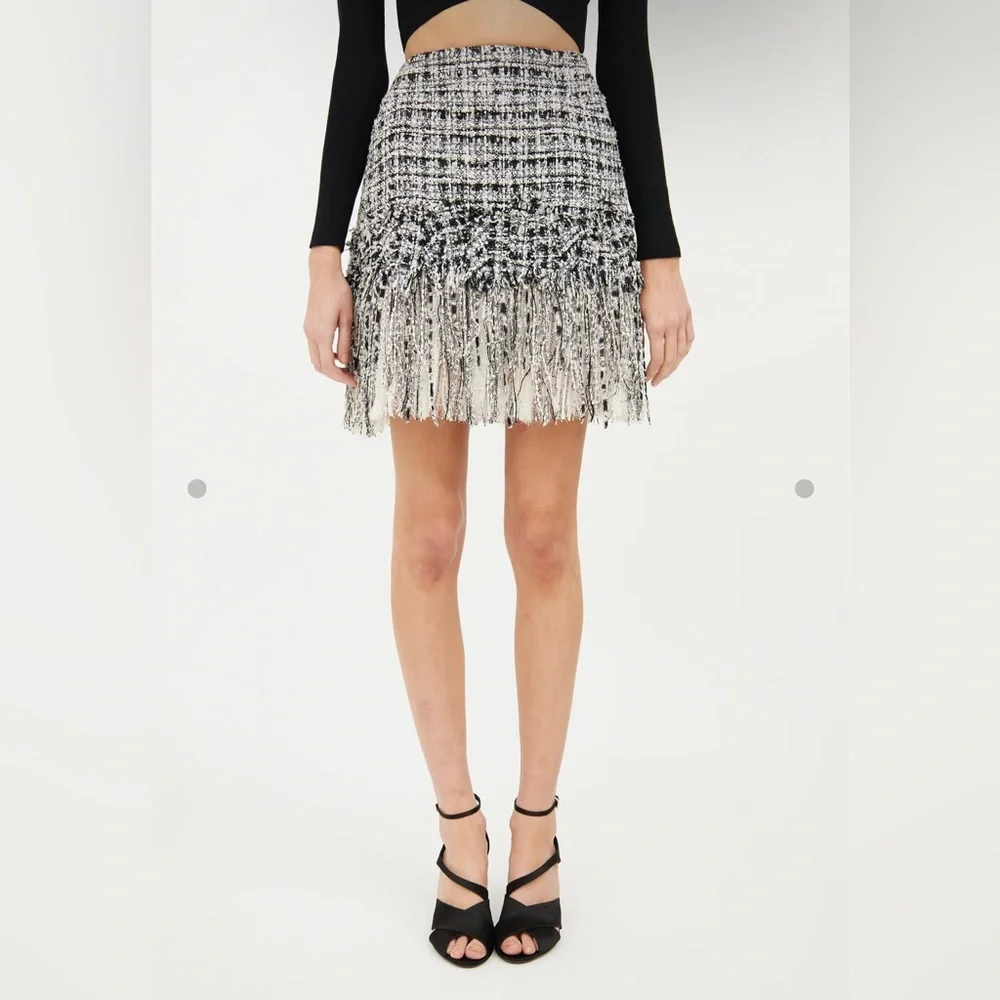 CHANEL Black and White Tweed Fringe and silk chiffon Mini Skirt 40 NO OFFERS
